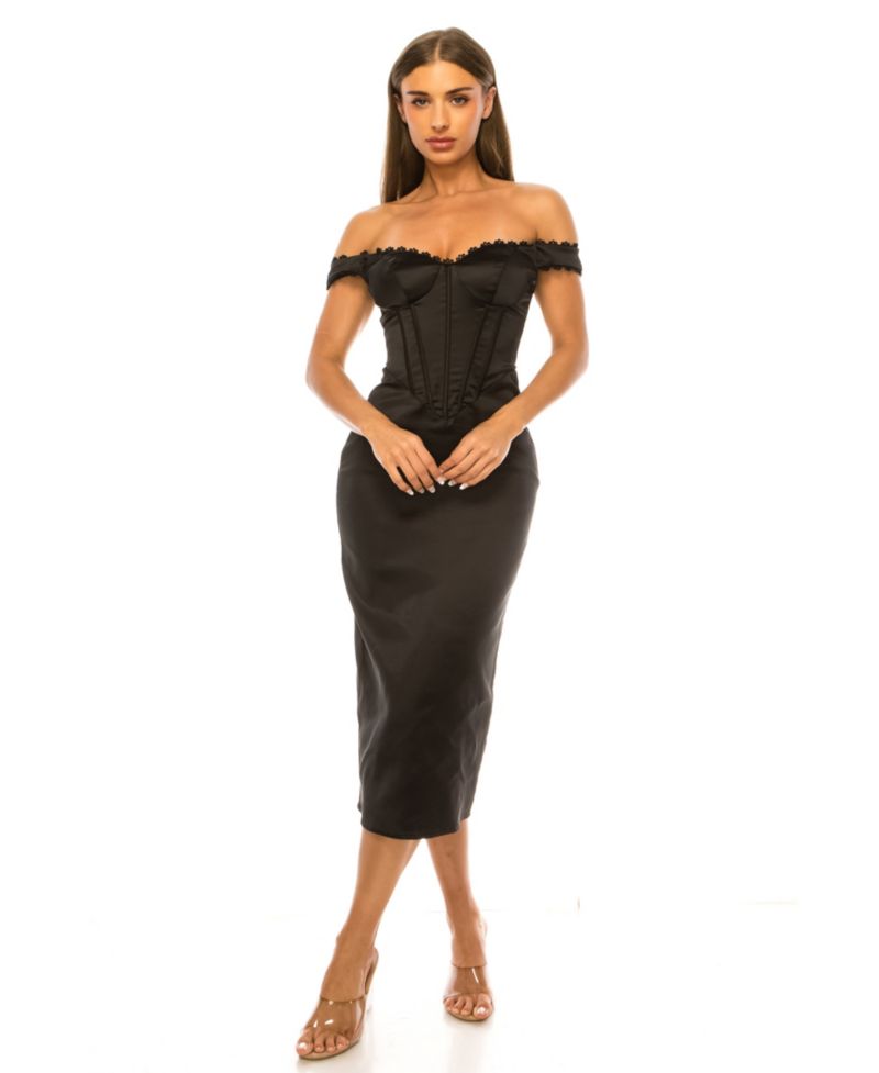 Juniors' Off-the-Shoulder Satin Corset-Style Midi Dress