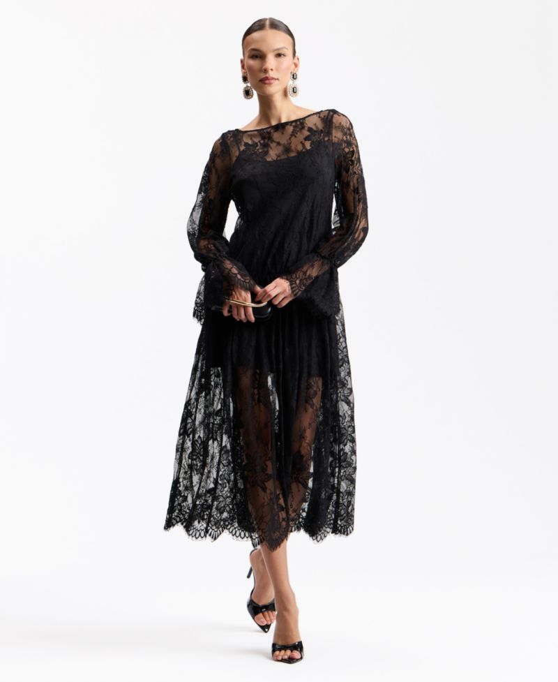 Women's Floral Drop-Waist Lace Midi Dress