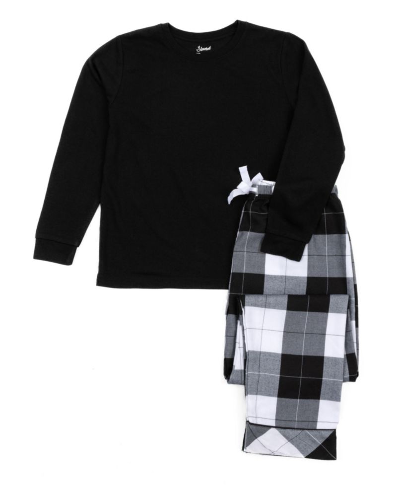 Kids (6-14) Cotton Top and Flannel Plaid Holiday Pajama Set
