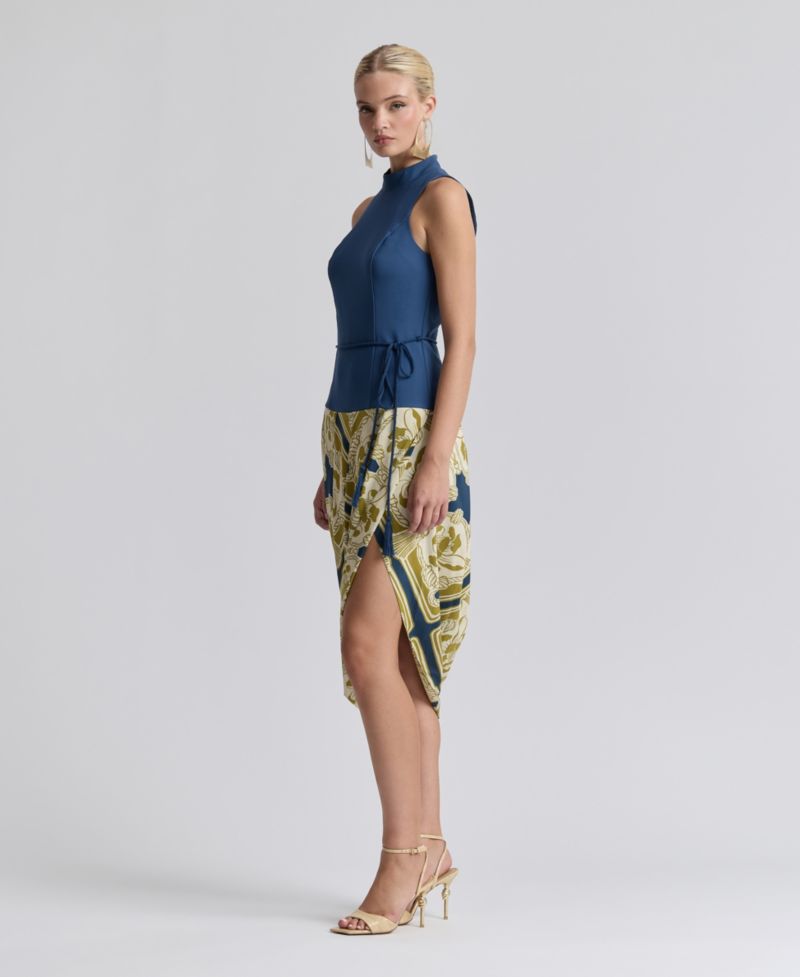Women's Sleeveless Belted Mock-Neck Asymmetric Drape Midi Dress