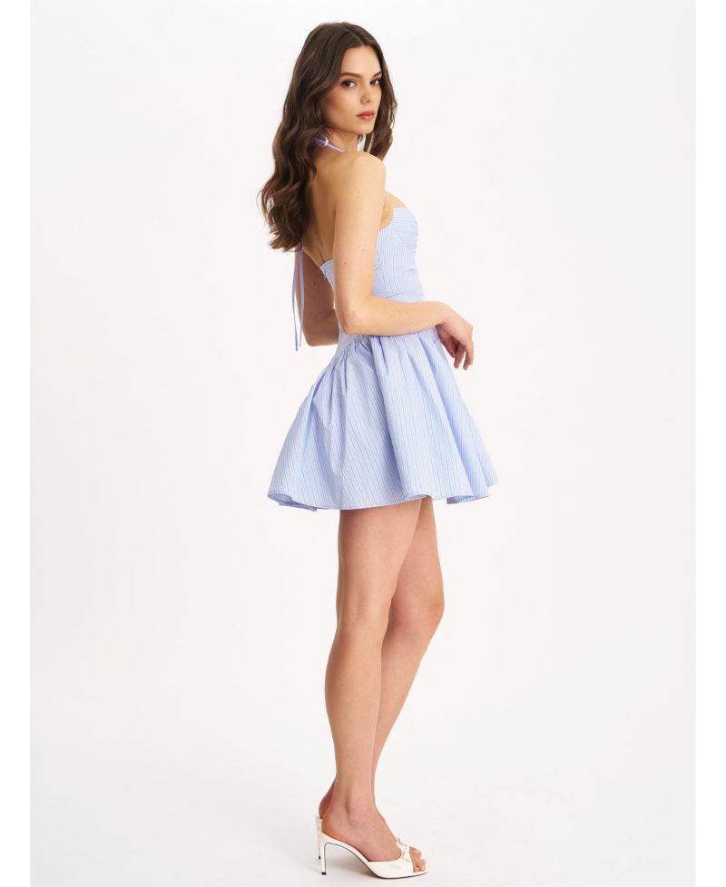 Women's Melody Baby Blue Railroad Stripe Halter Drop Waist Mini Dress