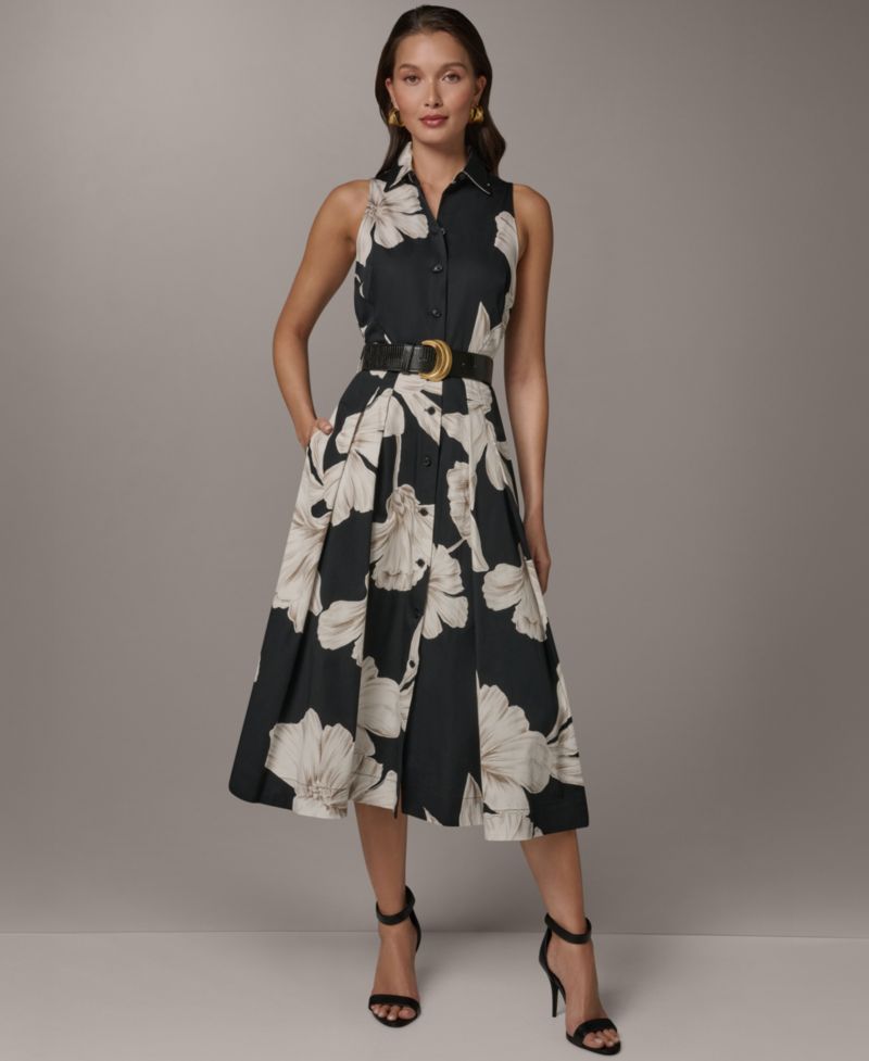Petite Sleeveless Floral Collared Midi Shirt-Dress