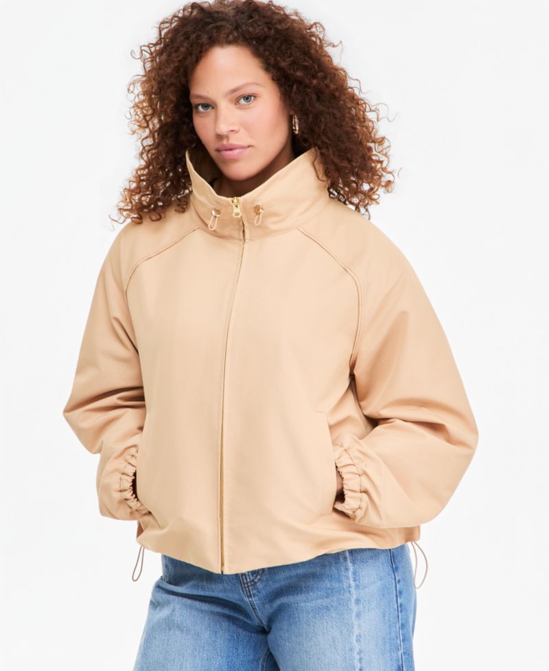 Women's Funnel-neck Ruched-Sleeve Bubble Hem Jacket
