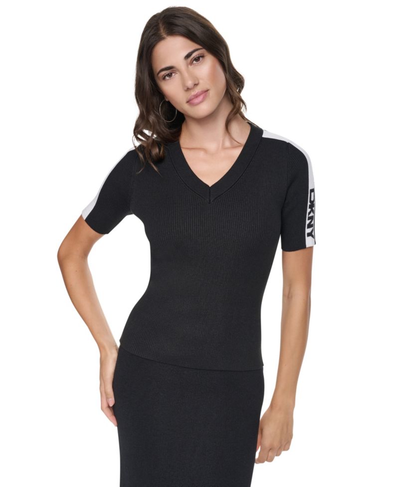 Women's V-Neck Logo Stripe Short-Sleeve Sweater