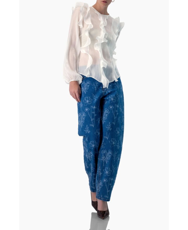 Women's Long Sleeve Sheer Blouse with Ruffle Detail