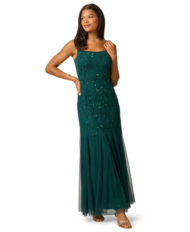 Women's Beaded-Mesh Square Neck Long Dress