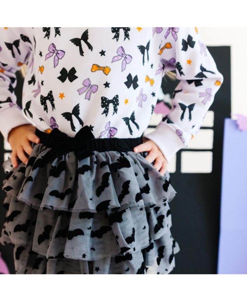 Little and Big Girls Flocked Bats Halloween Bow Tiered Tutu Skirt