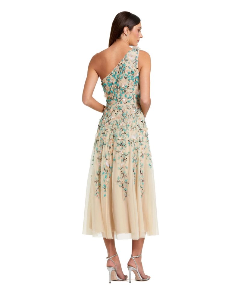 Women's Floral Embellished Mesh One Shoulder Midi Dress