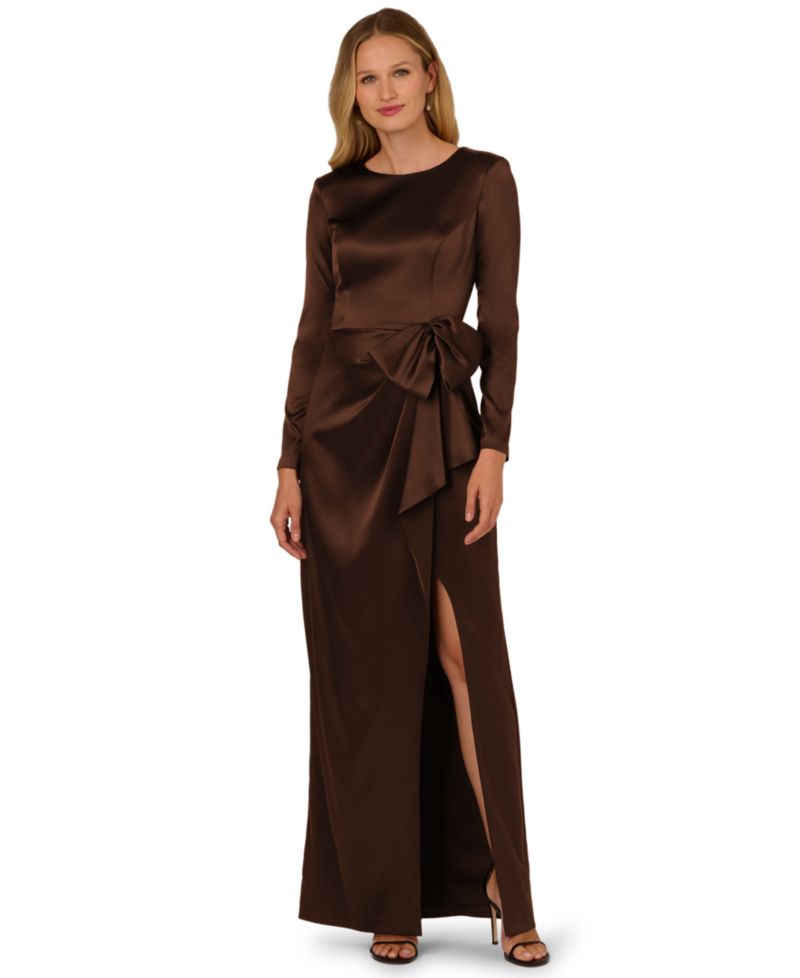 Women's Long-Sleeve Ruffle Bow Boat Neck Dress