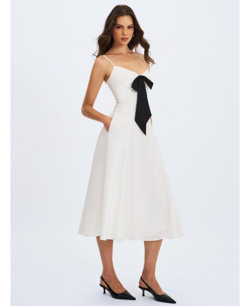 Women's Corinne White Poplin Flared Maxi Dress with Removable Bow