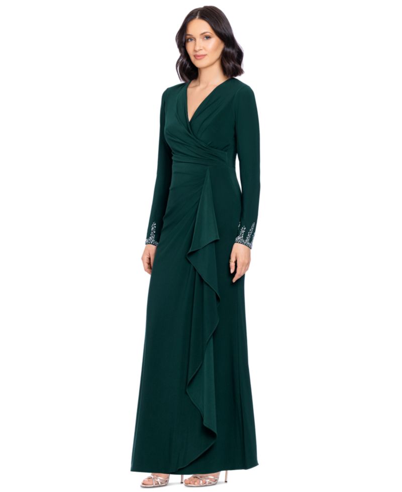Women's Beaded Sleeve Ruched Maxi Dress