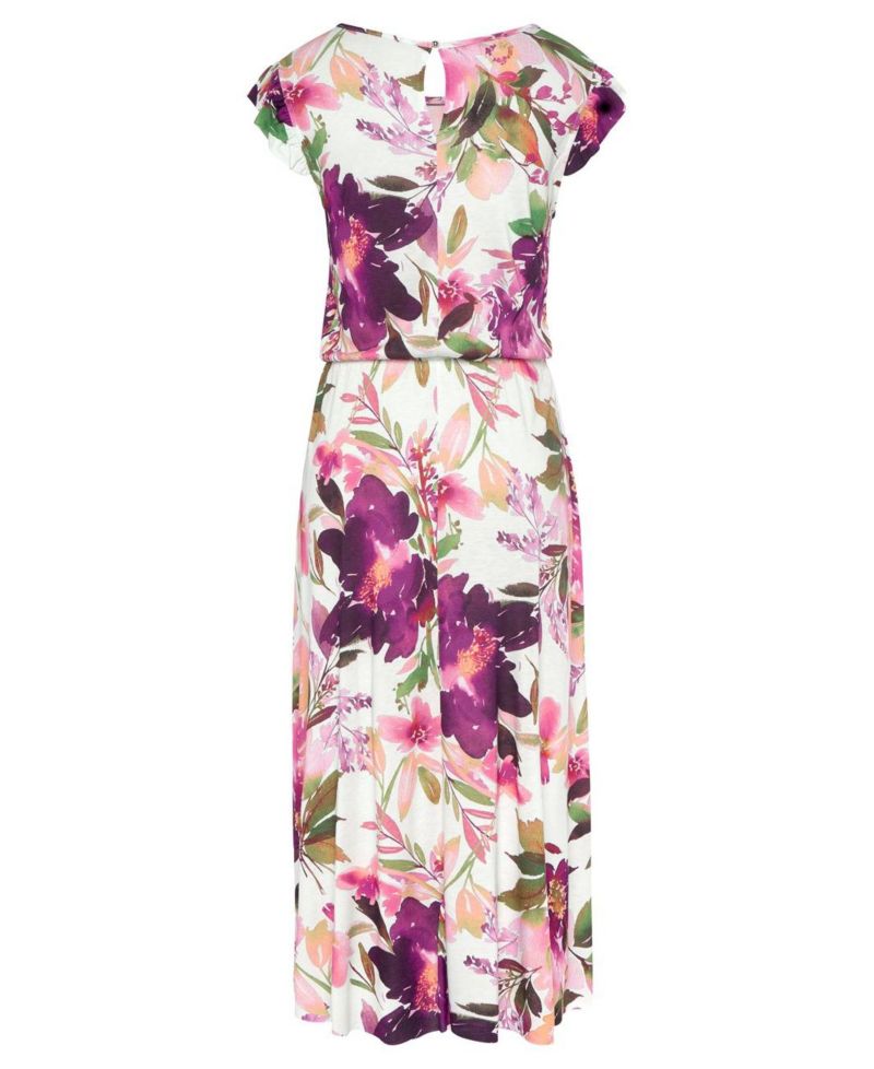 Women's Viscose Printed Flutter Sleeve A-Line Elastic-Waist Midi Dress