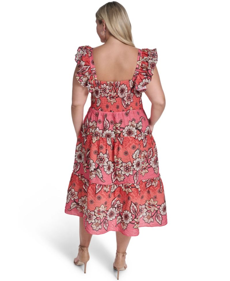 Plus Size Flutter Short-Sleeve Square Neck Midi Dress