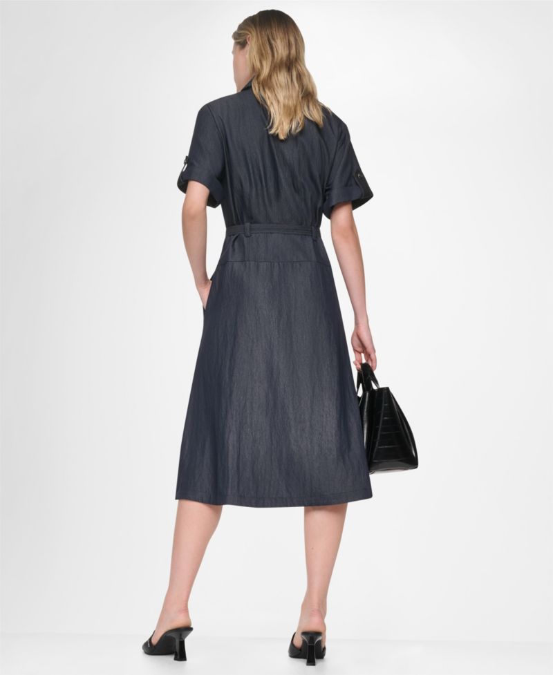 Women's Collared Short-Sleeve Removable Belt Midi Dress