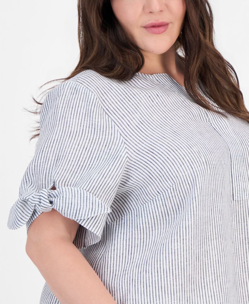 Plus Size 100% Linen Split-Neck Tie-Cuff Top