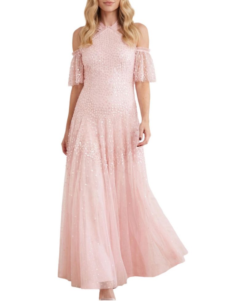 Women's Scallop Sequin Halter-Neck Ankle Gown