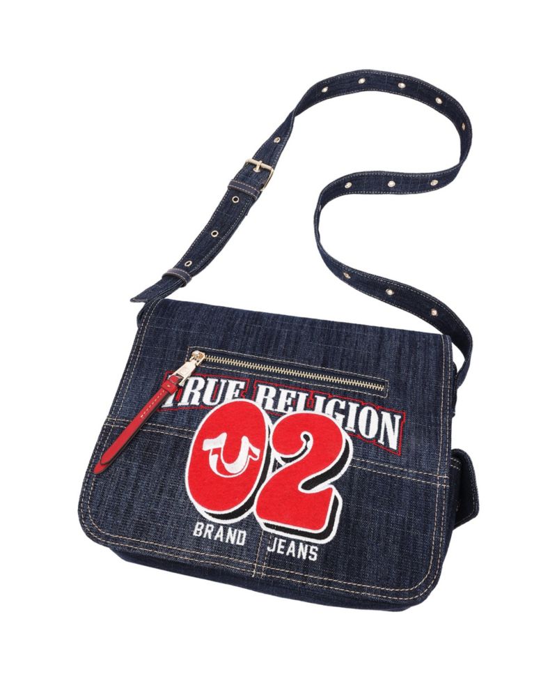 Women's Varsity Logo Zip Pocket Denim Messenger Bag – Dark Denim Crossbody Bag