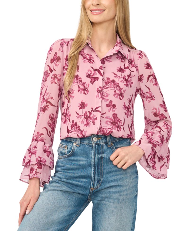Women's Long-Sleeve Double-Ruffle Cuff Button-Down Floral-Print Blouse
