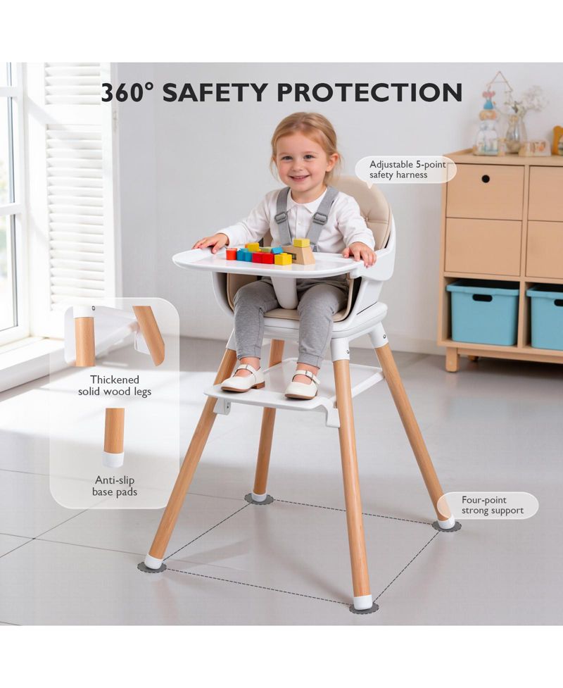 Convertible Baby High Chair with Adjustable Footrest and Detachable Tray