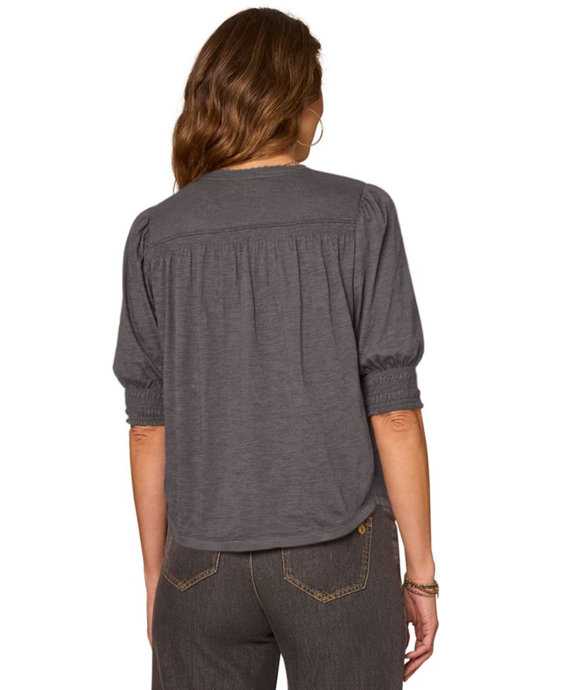 Petite Elbow-Length Blouson Scalloped V-Neck Blouse