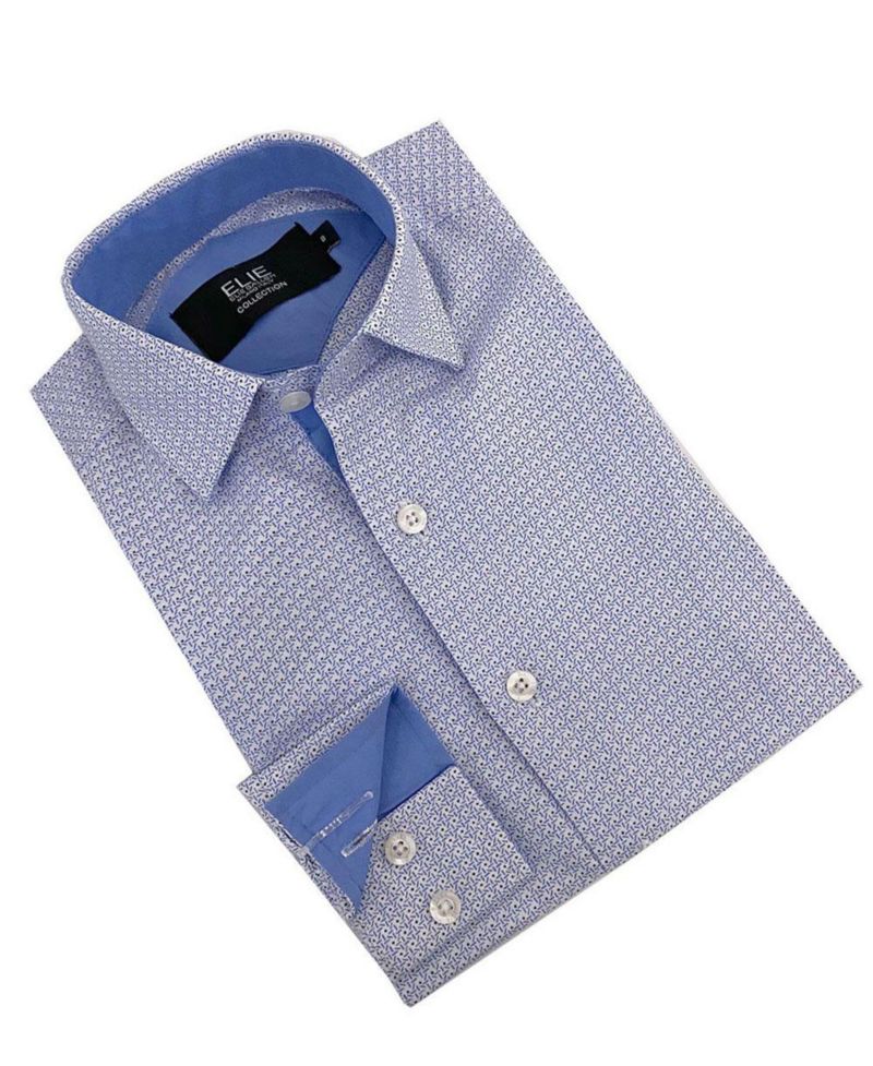 Little Boys White Blue Printed Button-Down Slim Fit Shirt