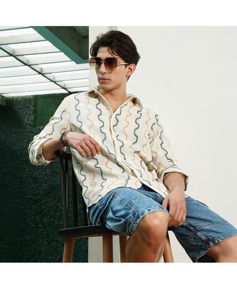 Men's Off White Zigzag Pattern Full Sleeve Cotton Blend Shirt