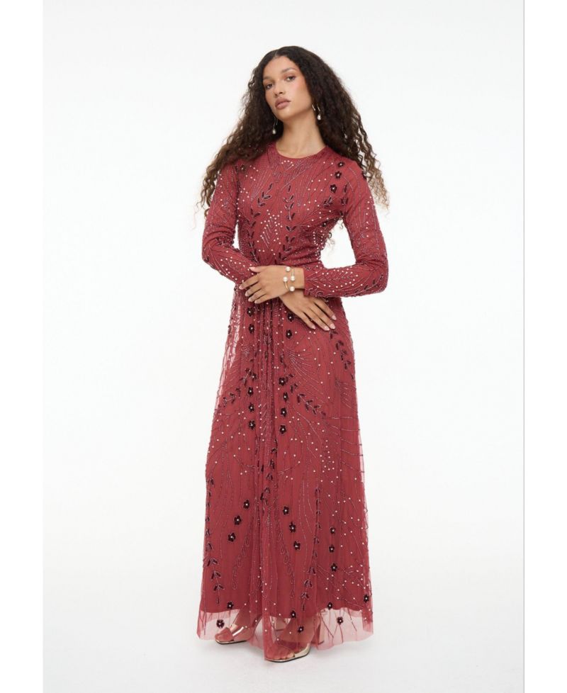 Women's Modest Embellished Sequin Beaded Dress Maxi With Designer Bottom