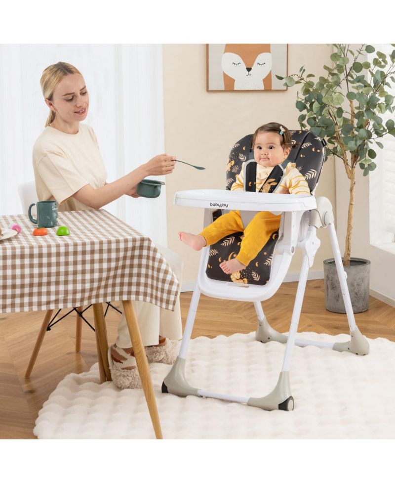 Toddler High Chair w/ 7 Height and 3 Footrest Adjustable Cup holder 2 Wheels