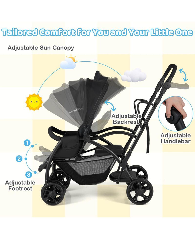 Sit and Stand Double Stroller with Adjustable Handle Bar Backrests Footrest Canopies