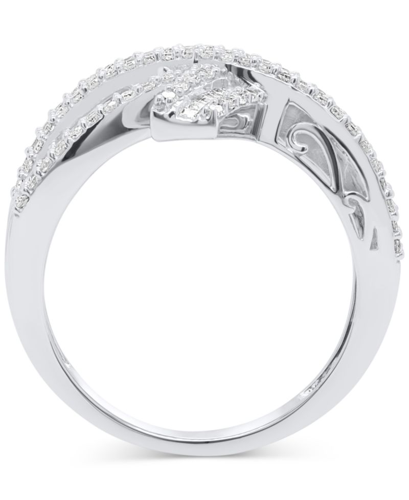 Diamond Round & Baguette Crossover Ring (3/4 ct. t.w.) in Sterling Silver