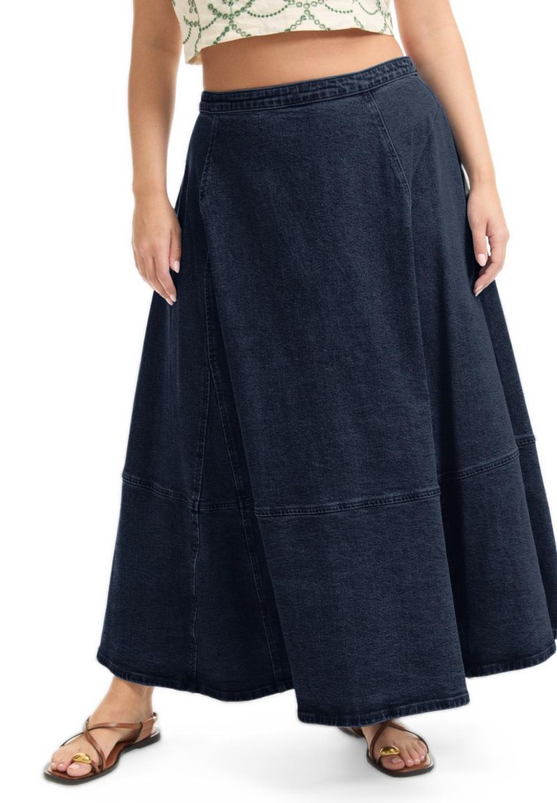 Women's June and Vie Fit-And-Flare Stretch Denim Midi Skirt