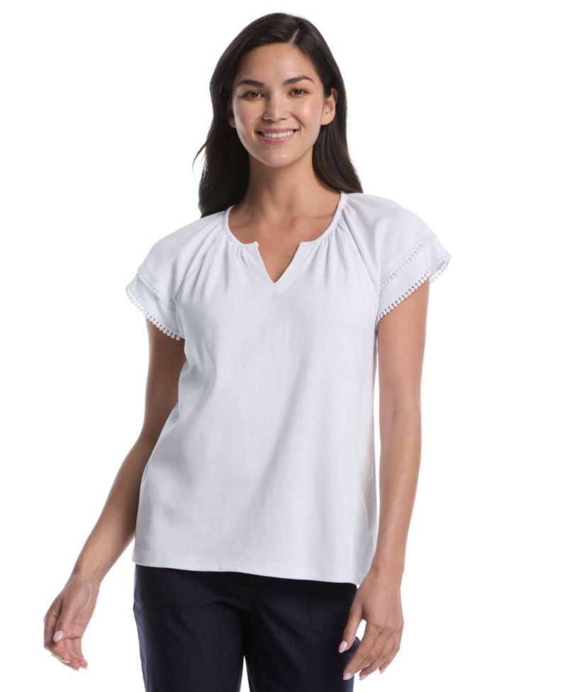 Petite Eyelet Flutter-Sleeve Split Neck Short-Sleeve Top