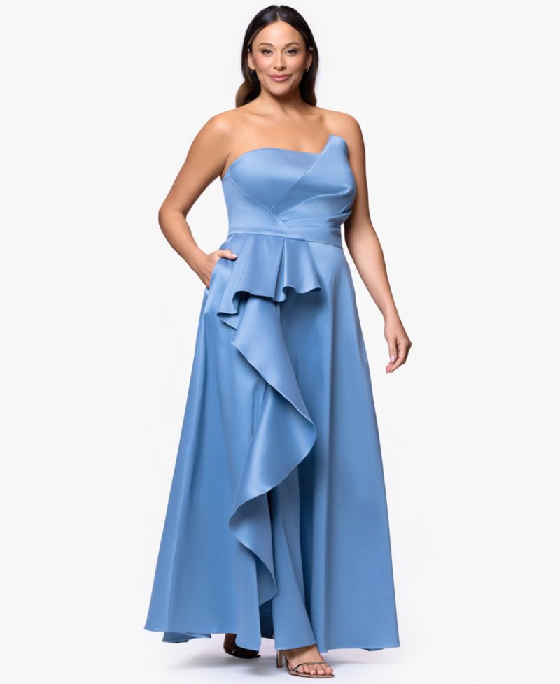 petite Strapless Side Ruffle Satin Ball Gown