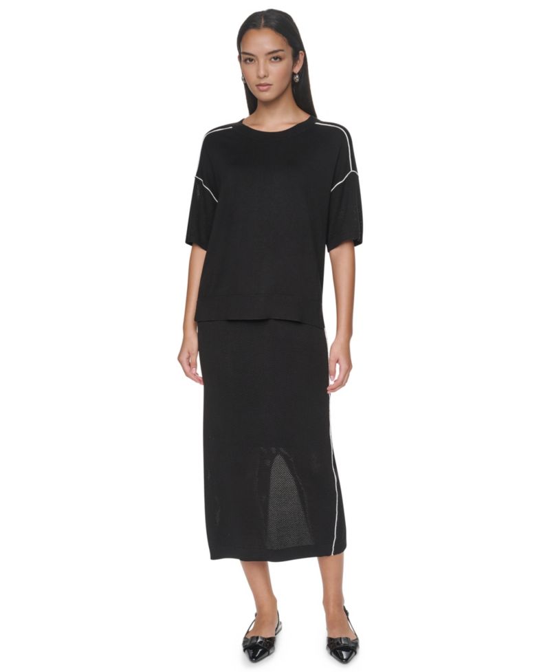 Women's Short-Sleeve Pointelle-Mesh Contrast-Trim Sweater