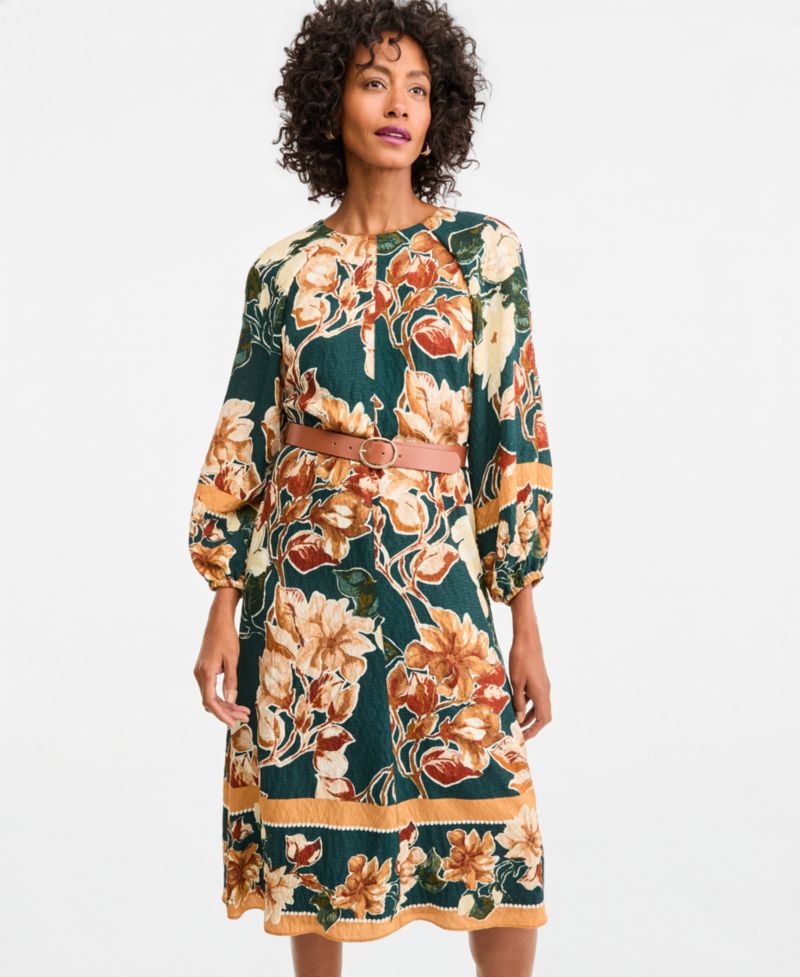 Women's Long-Sleeve Floral A-Line Midi Dress