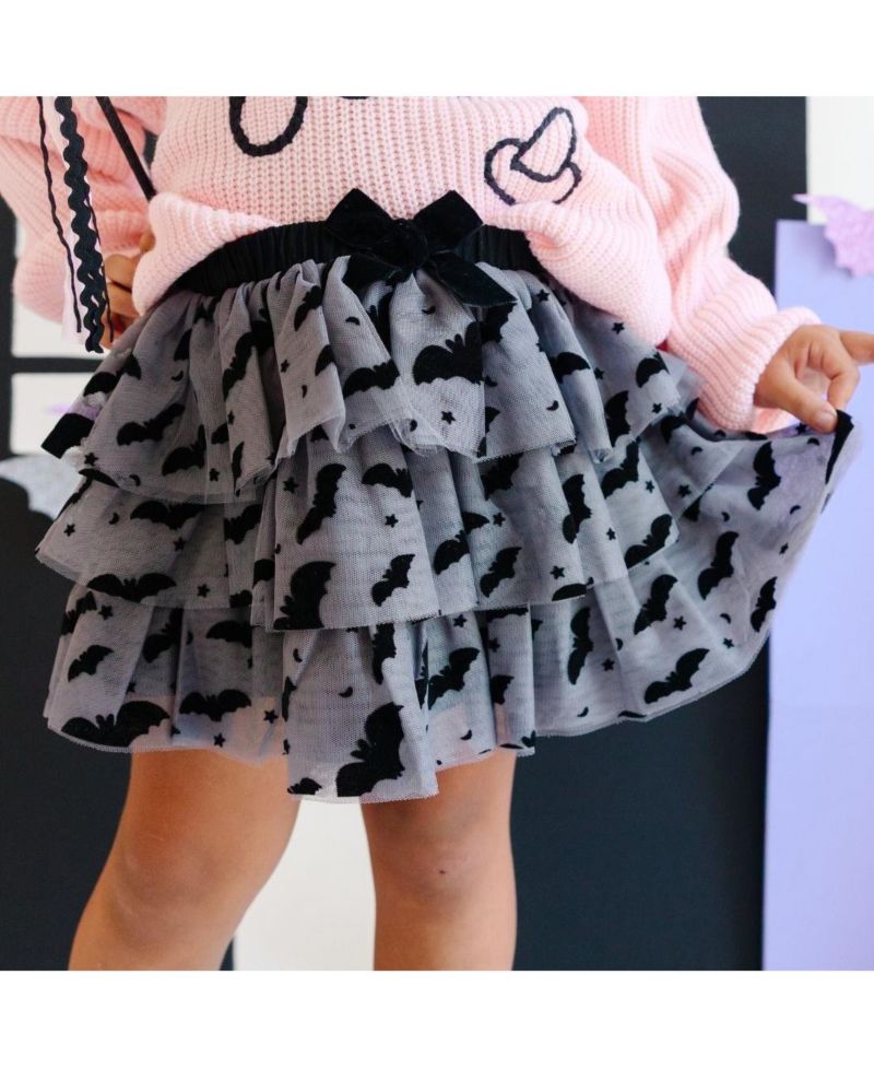Little and Big Girls Flocked Bats Halloween Bow Tiered Tutu Skirt