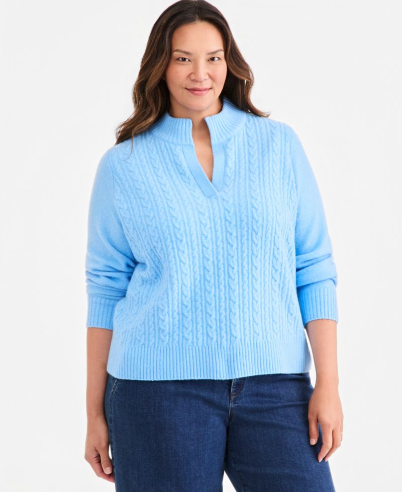 Plus Cable Split Mockneck Long-Sleeve Sweater