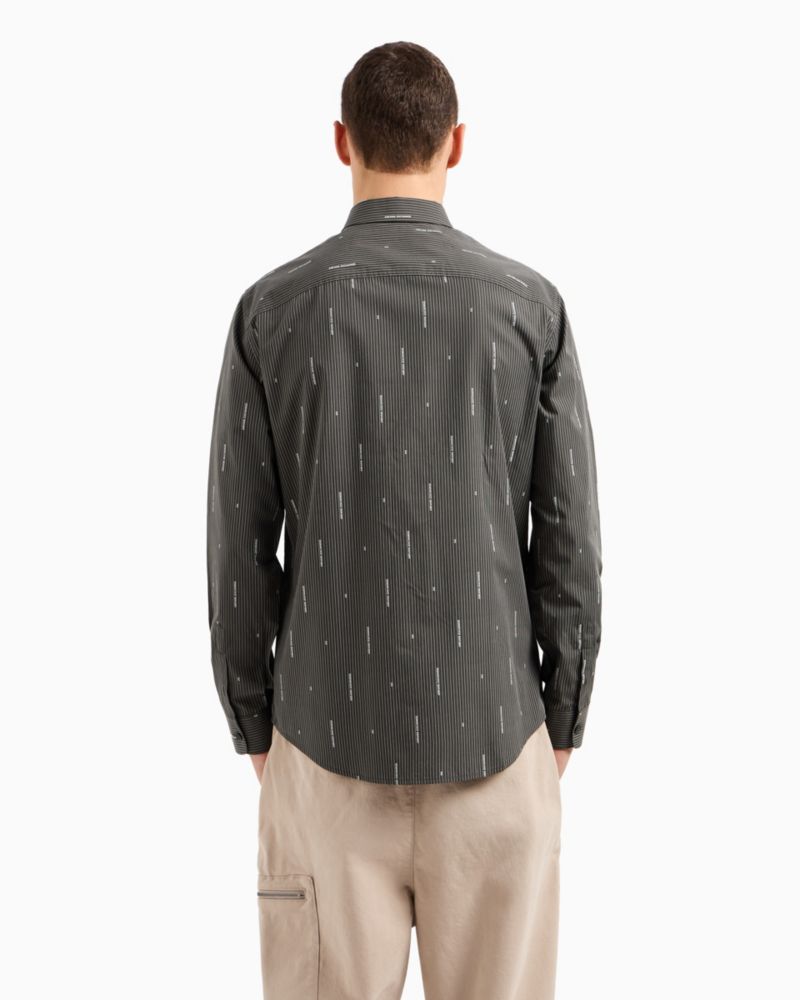 Men's Slim-Fit Striped Logo Print Long Sleeve Button-Front Shirt