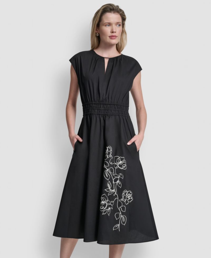 Women's Cap-Sleeve Jewel Neck Keyhole Midi Dress