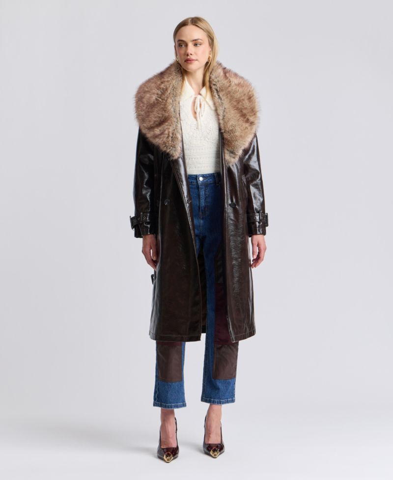 Women's Double-Breasted Detachable Faux Fur Shawl Collar Trench Coat