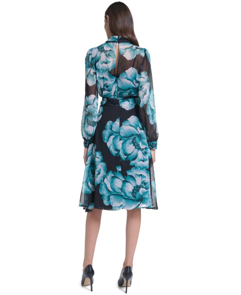 Petite Wedding Guest Floral-Print Long-Sleeve Chiffon Midi Dress