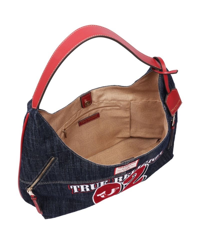 Varsity Logo Zip Pocket Denim Hobo Bag – Dark Denim Shoulder Purse