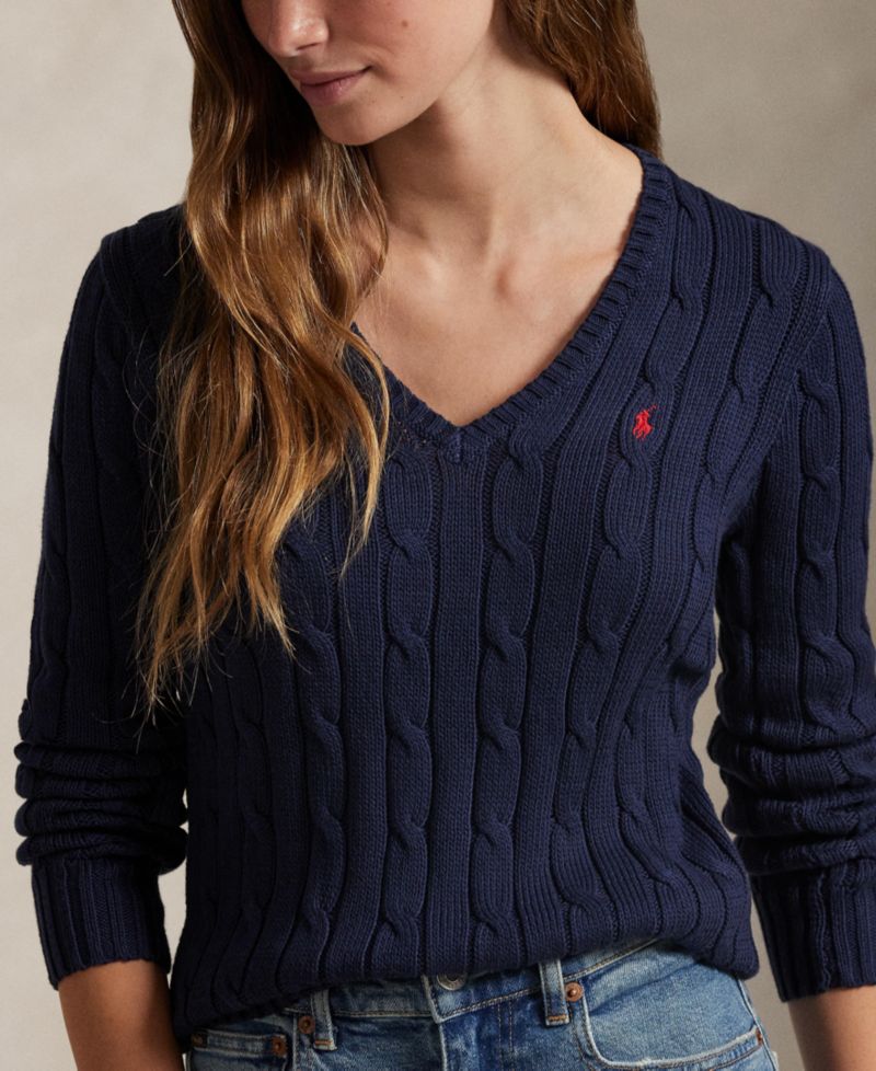 Women's Cable-Knit Cotton V-Neck Sweater