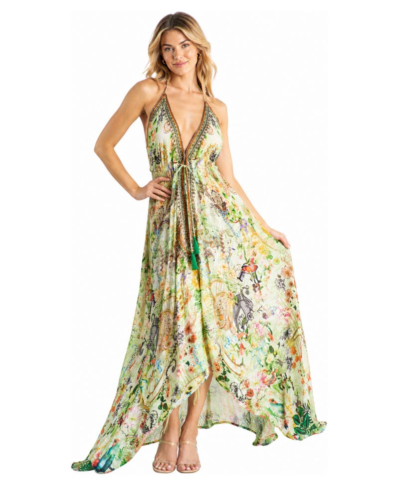 Women's Tropical Floral Halter-Plunge High-Low Maxi Dress
