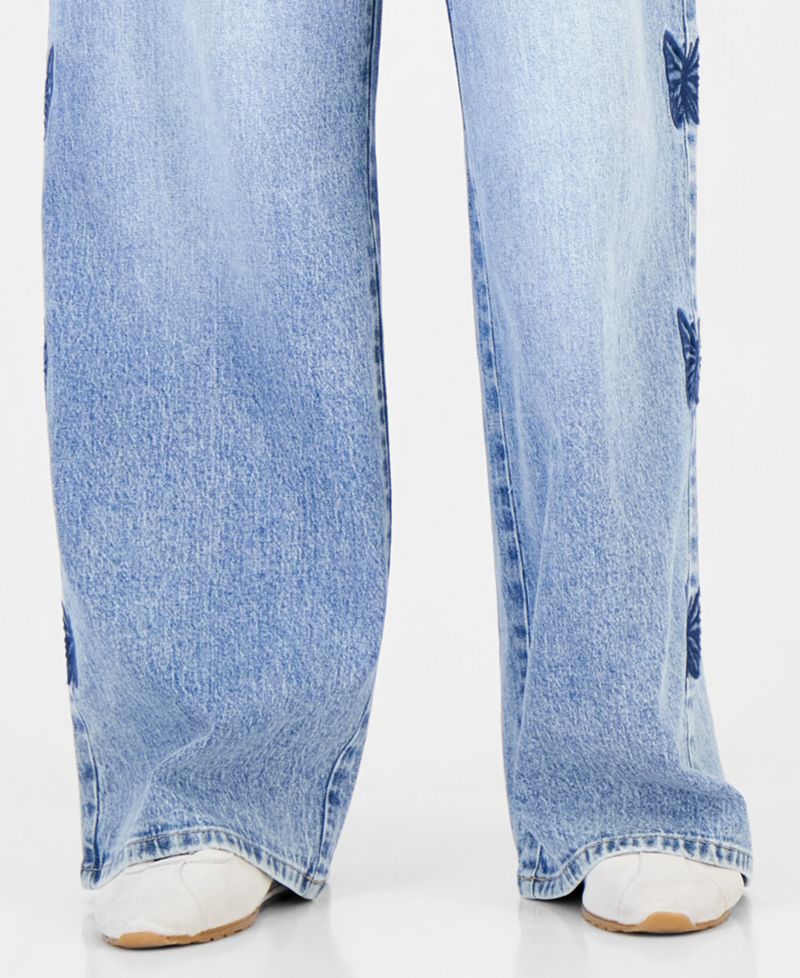 Juniors' 90s Skater High-Rise Wide-Leg Butterfly Embroidery Jeans
