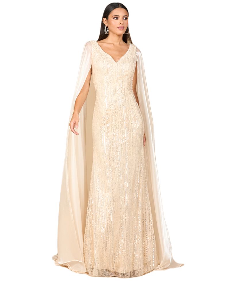 Women's Beaded Gown with Satin Cape Sleeves
