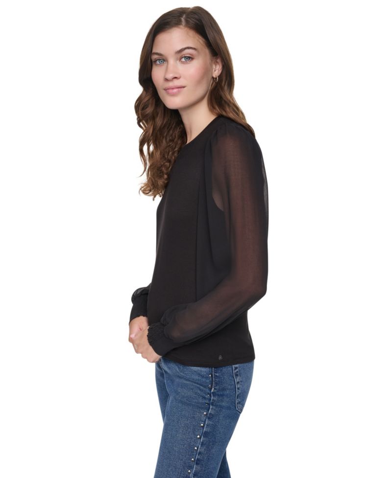 Women's Mixed-Media Long-Sleeve Crewneck Blouse