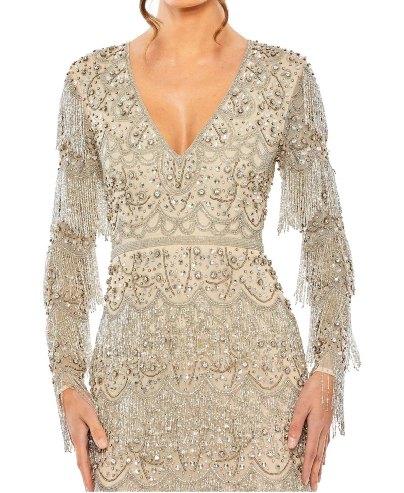 Women's V-Neck Long-Sleeve Beaded Gown