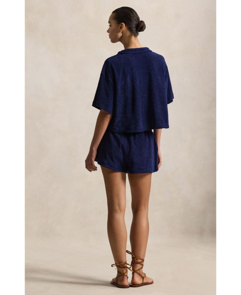 Women's Navy Blue Cotton Terry Swimsuit Cover Up Shirt and Short Set