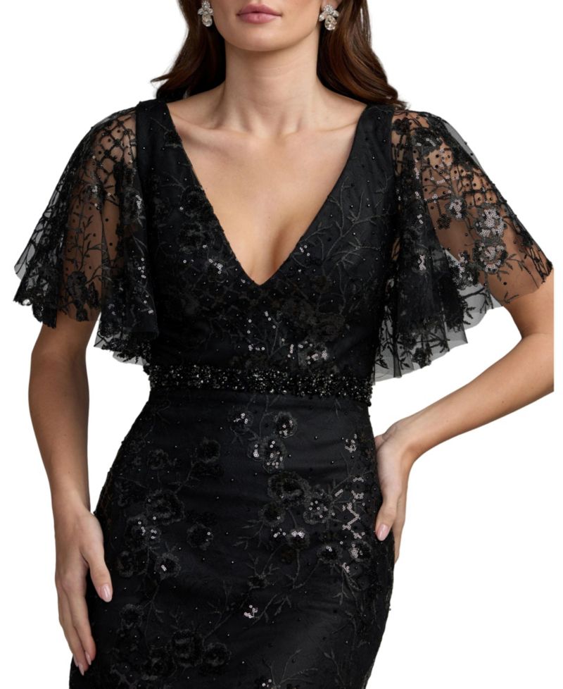 Women's Sequin Embroidered Floral Flutter-Sleeve Sheath Midi Dress